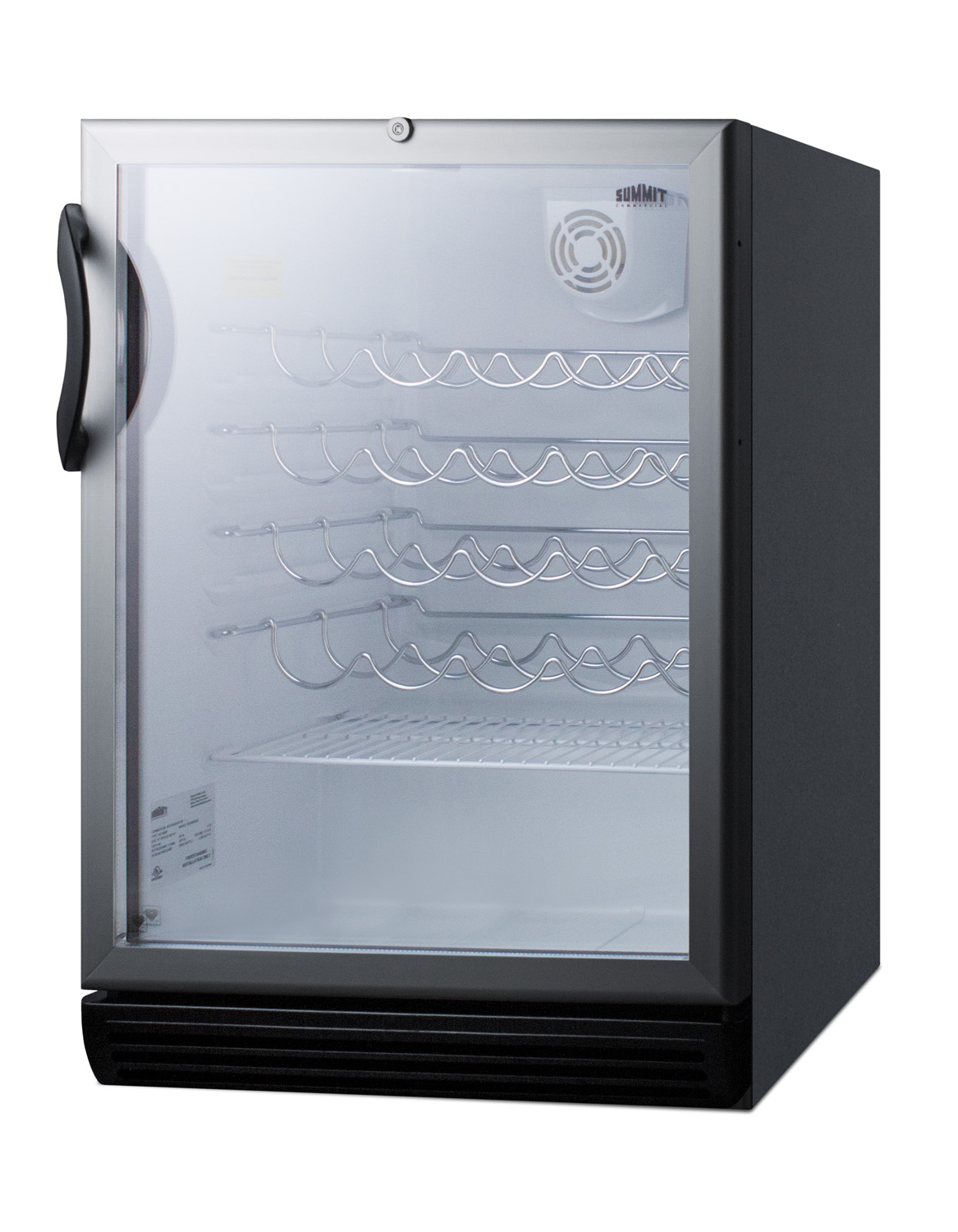 ADA compliant, commercially approved wine cellar for built-in undercounter use, with glass door, black cabinet and lock